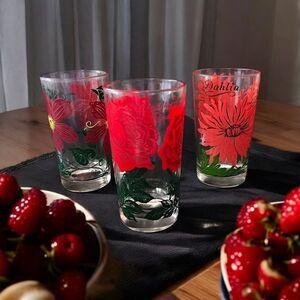 3 Boscul Peanut Butter Glass Tumblers Red Flower Graphics Rose Dahlia Clematis.